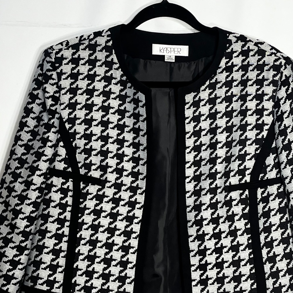 Kasper Womens Houndstooth Open Front Blazer Black White Collarless Jacket 14 - Picture 3 of 9